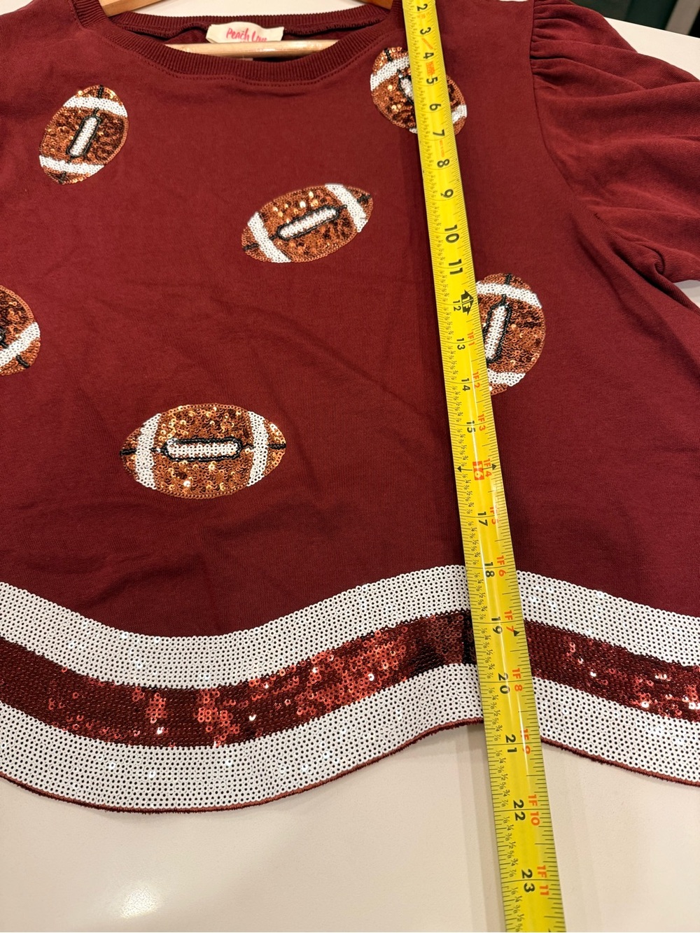 Peach Love California Maroon Puff-Sleeve Sequin Football Tee - Picture 8 of 11